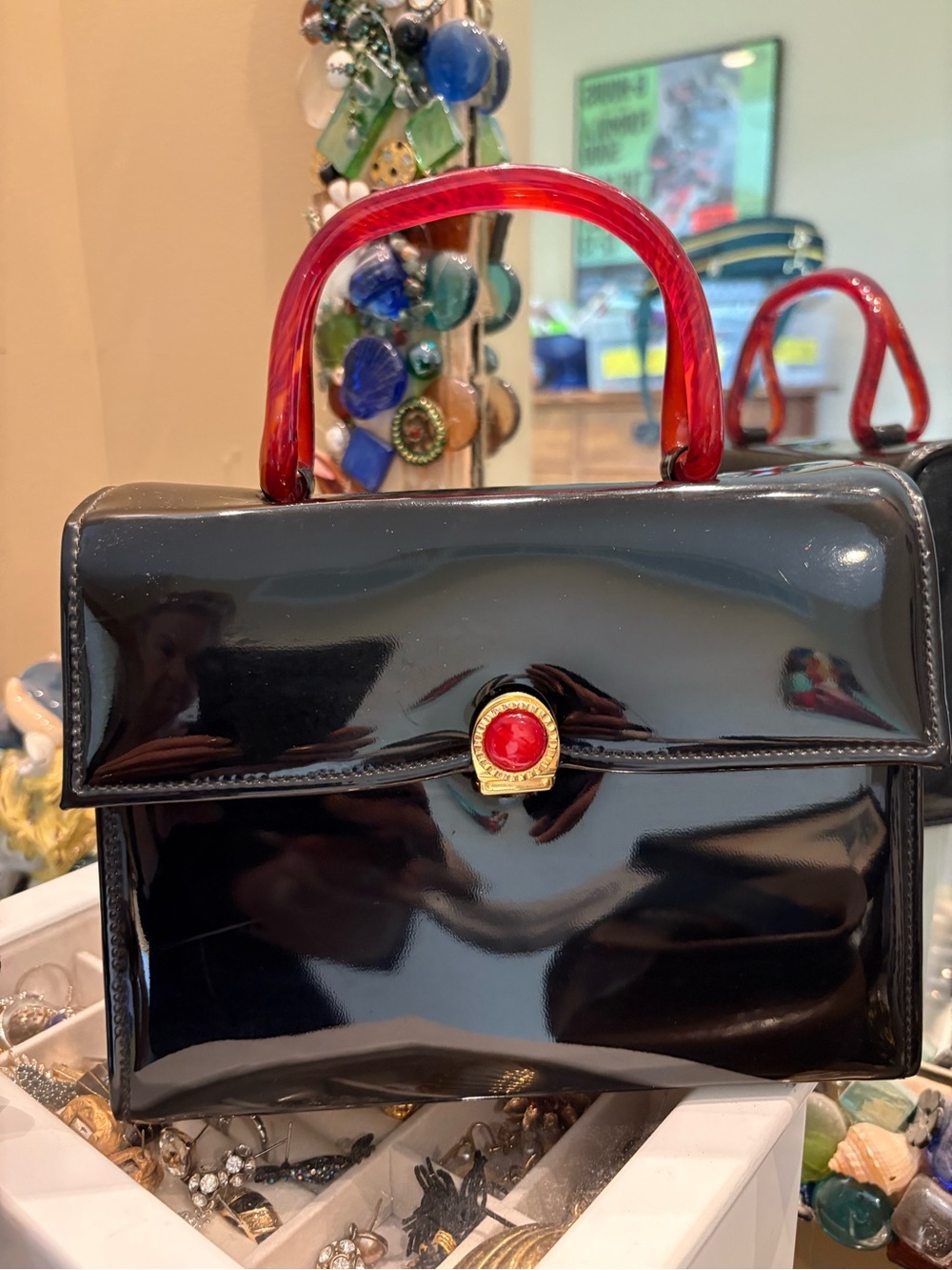 Vintage Cara Black Patent Box Bag Tortoise Lucite Top-Handle Purse Red Accent
